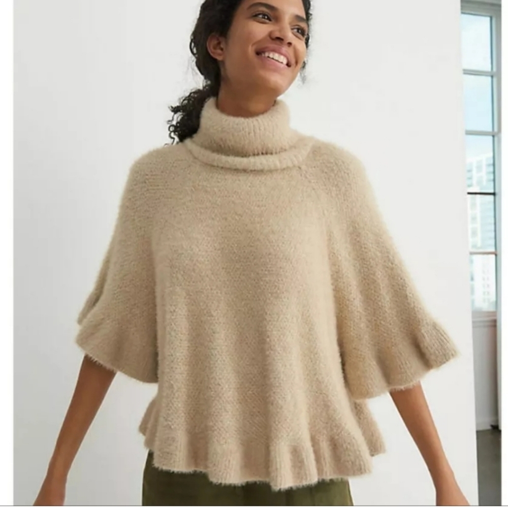 Anthropologie Ruffled Turtleneck Poncho In Beige one size